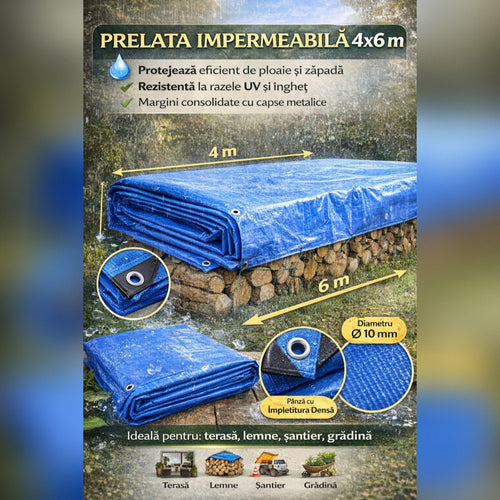 Prelata Impermeabila 4x6 m, Rezistenta la Apa si UV, Prelata Protectie Exterior pentru Lemne, Acoperis, Gradina