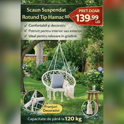 Scaun Suspendat Rotund Tip Hamac 80 cm cu Franjuri – Ideal pentru Balcon, Gradina, Foisor si Zona de Relaxare