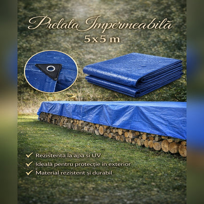 Prelata Impermeabila 5x5 m, Rezistenta la Apa si UV, Prelata Protectie Exterior pentru Lemne, Acoperis, Gradina