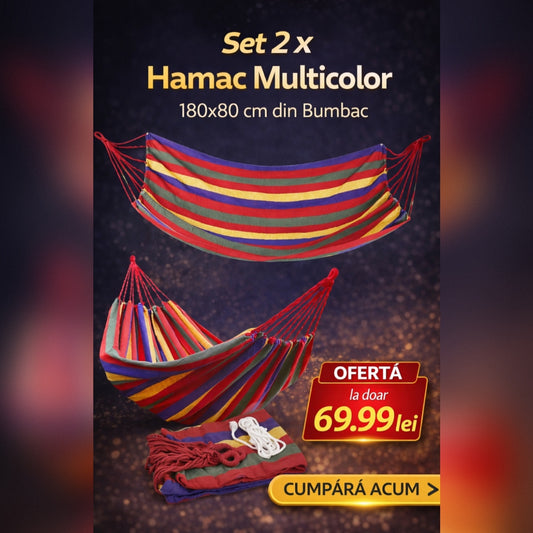 Set 2 x Hamac Multicolor 180x80 cm din Bumbac – Hamac Gradina si Camping cu Sistem de Prindere Inclus