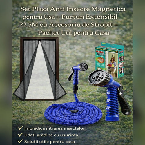 Set Plasa Anti Insecte Magnetica pentru Usa + Furtun Extensibil 22.5M cu Accesoriu de Stropit – Pachet Util pentru Casa si Gradina