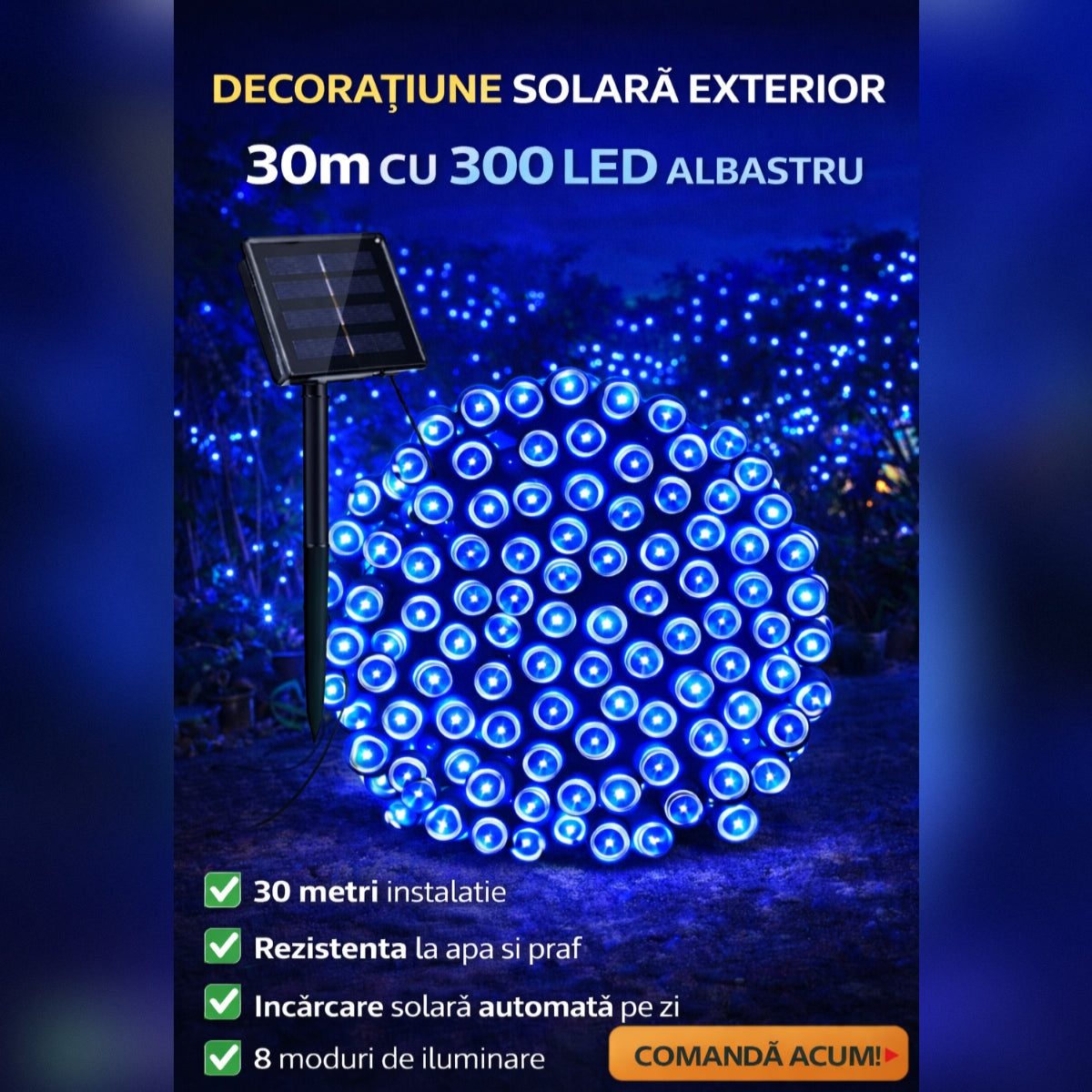 Decoratiune Solara Exterior 30m cu 300 LED Albastru – Ghirlanda Luminoasa pentru Gradina, Terasa, Curte, IP65
