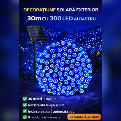 Decoratiune Solara Exterior 30m cu 300 LED Albastru – Ghirlanda Luminoasa pentru Gradina, Terasa, Curte, IP65