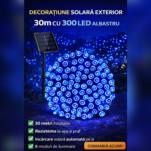 Decoratiune Solara Exterior 30m cu 300 LED Albastru – Ghirlanda Luminoasa pentru Gradina, Terasa, Curte, IP65
