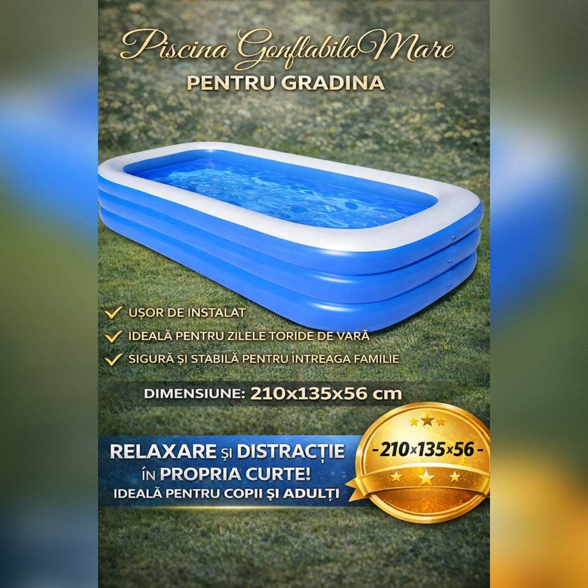 Piscina Gonflabila Mare pentru Gradina 210x135x56 cm – Piscina Copii si Adulti pentru Exterior, Vara