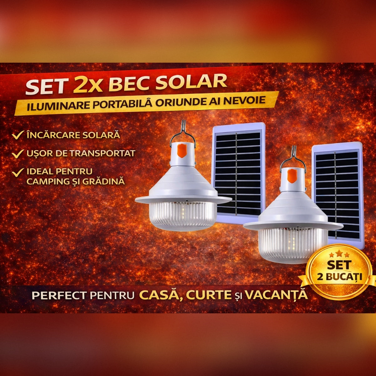 Set 2 x Bec Solar LED cu Panou Solar si Prindere cu Carlig, Lampa Solara Portabila pentru Camping