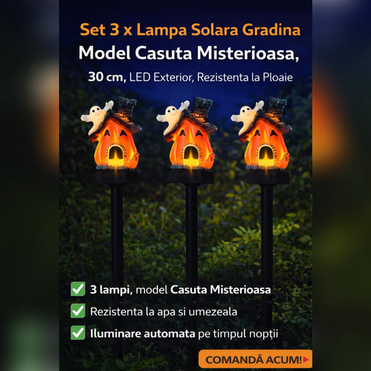 Set 3 x Lampa Solara Gradina Model Casuta Misterioasa, 30 cm, LED Exterior, Rezistenta la Ploaie