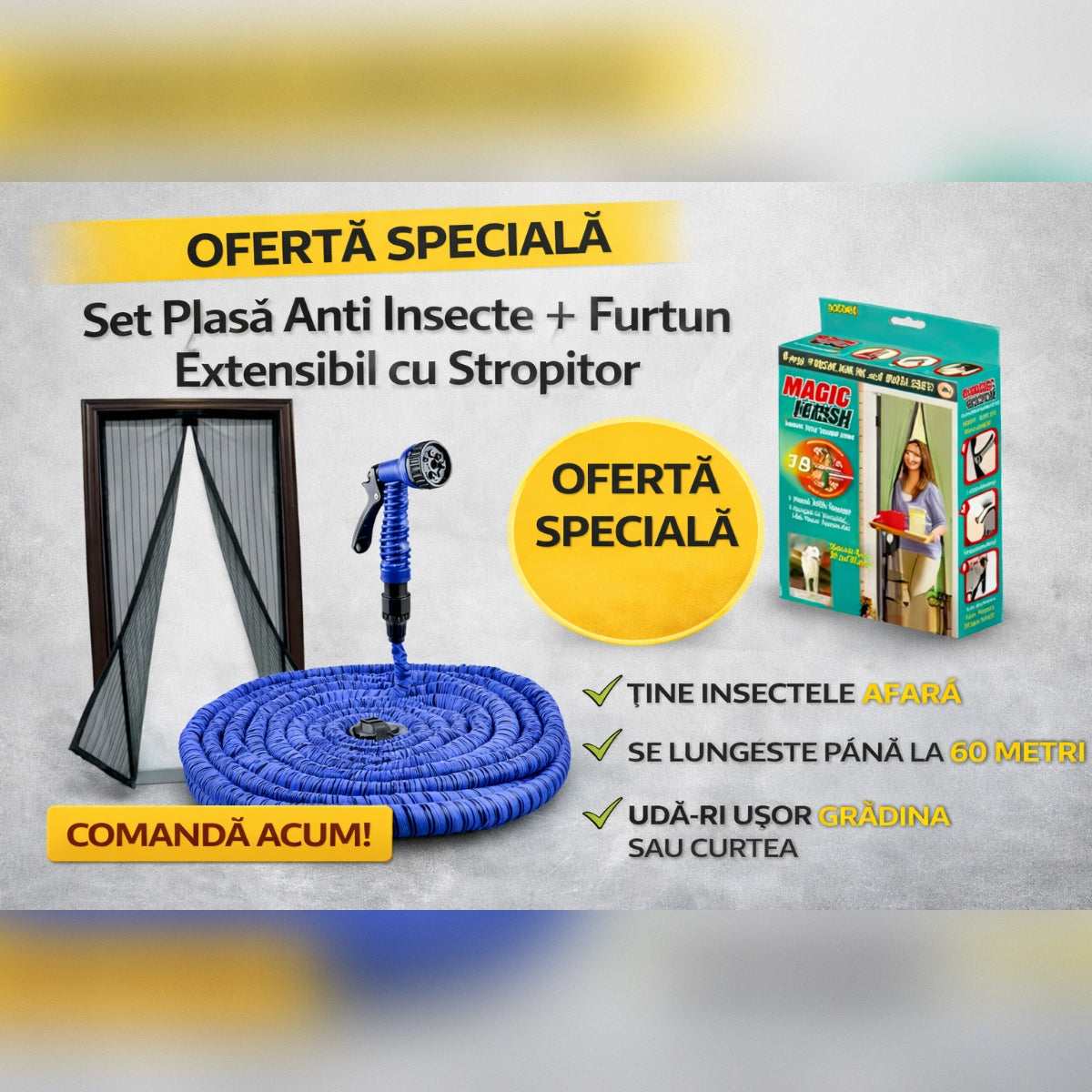 Set Plasa Anti Insecte Magnetica pentru Usa + Furtun Extensibil 60M cu Accesoriu de Stropit – Pachet Util pentru Casa si Gradina