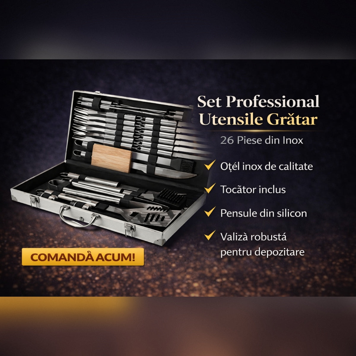 Set Profesional Ustensile Gratar 26 Piese din Inox – Cutie Aluminiu pentru BBQ, Camping si Gradina