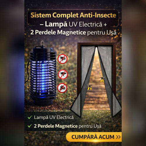 Sistem Complet Anti-Insecte – Lampa UV Electrica + 2 Perdele Magnetice pentru Usa