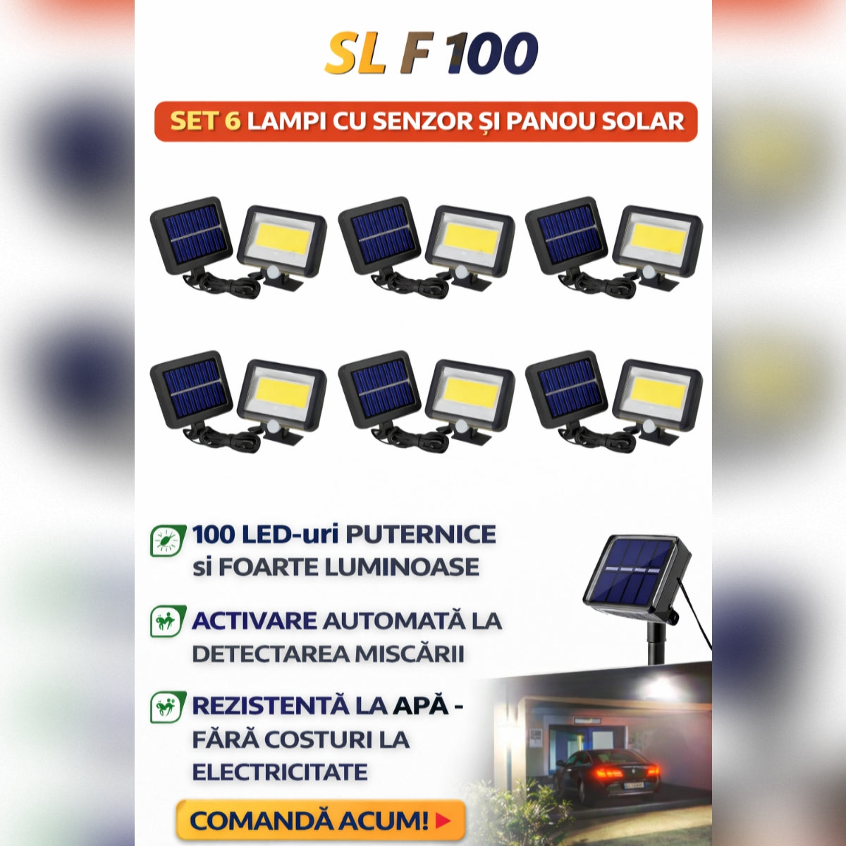 Set 6 x Lampa Solara LED SL-F100 cu Senzor de Miscare – Proiector Exterior cu Panou Solar, Iluminare Curte si Gradina