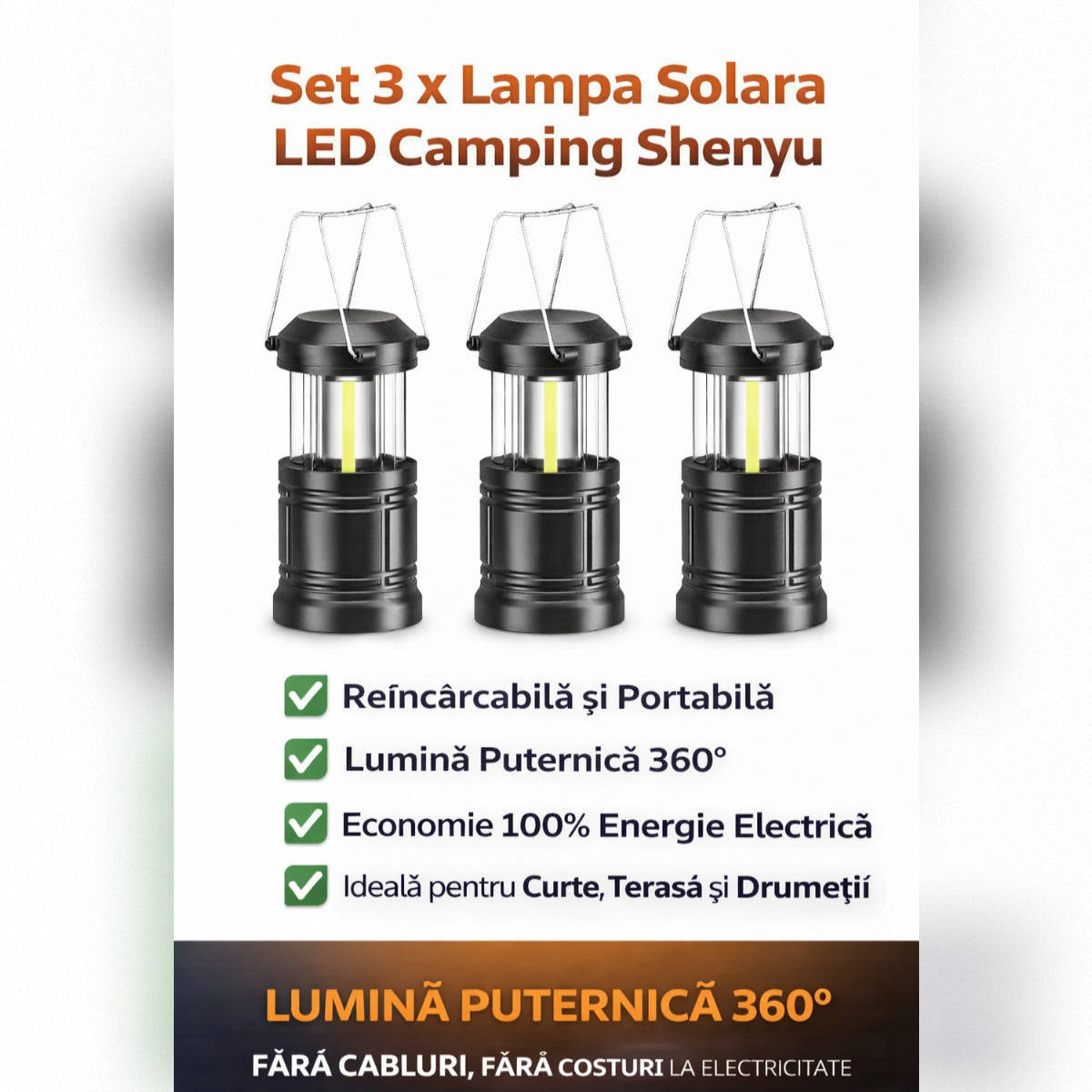 Set 3 x Lampa Solara LED Camping Shenyu, Reincarcabila, Portabila, Lumina Puternica 360°