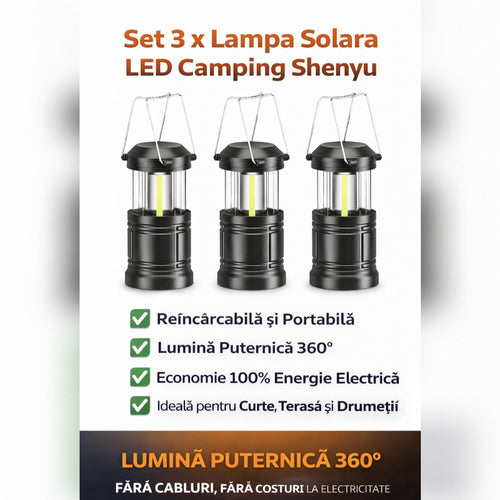 Set 3 x Lampa Solara LED Camping Shenyu, Reincarcabila, Portabila, Lumina Puternica 360°