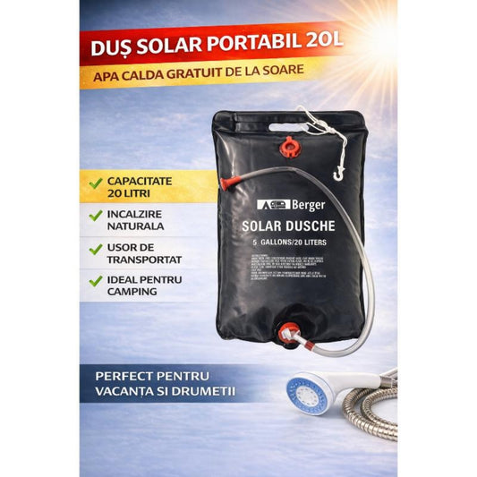 Dus Solar Portabil 20L pentru Camping, cu Furtun si Cap Dus, Incalzire Naturala la Soare