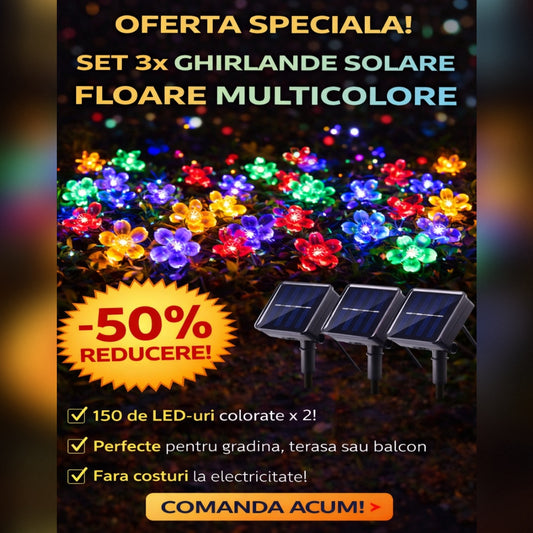 Set 2 x Ghirlanda Solara 50 LED Flori Multicolor 5m – Decoratiune Luminoasa Exterior, 8 Moduri Iluminare, Rezistenta la Apa IP65