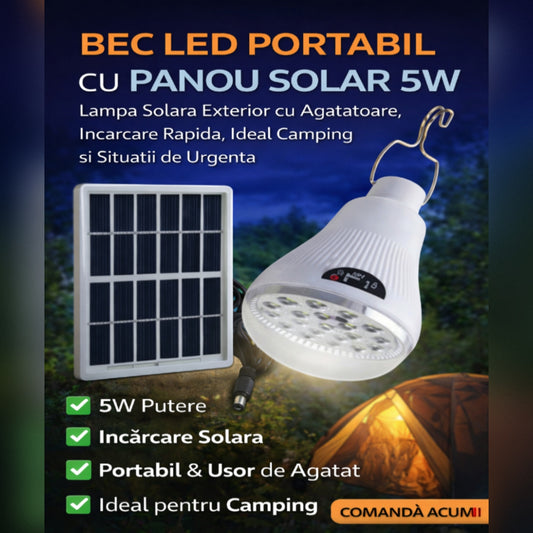 Bec LED Portabil cu Panou Solar 5W, Lampa Solara Exterior cu Agatatoare, Incarcare Rapida