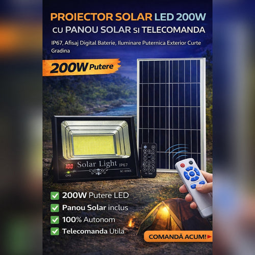 Proiector Solar LED 200W cu Panou Solar si Telecomanda, IP67, Afisaj Digital Baterie, Iluminare Puternica Exterior Curte Gradina