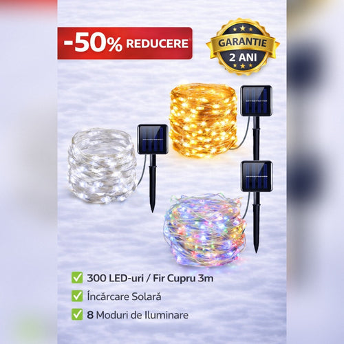 Ghirlanda Solara 300 LED din Sarma de Cupru – 3m, 8 Jocuri de Lumini, Diverse Culori