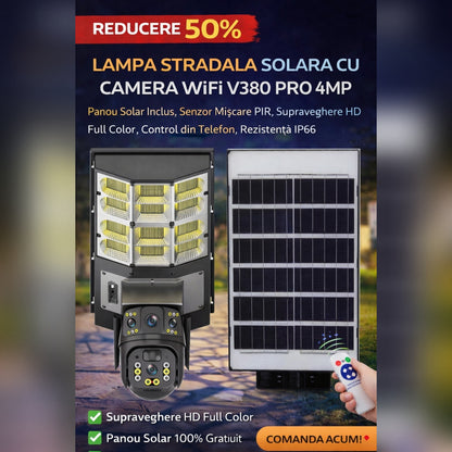 Lampa Stradala Solara cu Camera WiFi V380 PRO 4MP, Panou Solar Inclus, Senzor Miscare PIR, Supraveghere HD Full Color, Control din Telefon