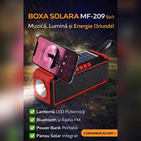 Boxa Portabila Solara MF-209 cu Lanterna LED, Bluetooth, Radio FM, Power Bank, Panou Solar Integrat