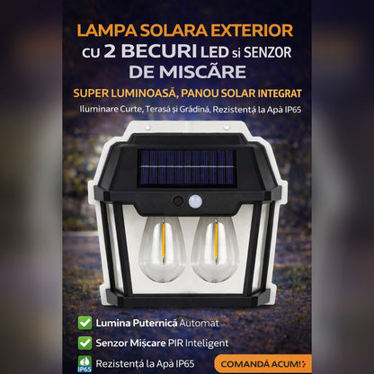 Lampa Solara Exterior cu 2 Becuri LED si Senzor de Miscare - Super Luminoasa, Rezistenta la Apa IP65