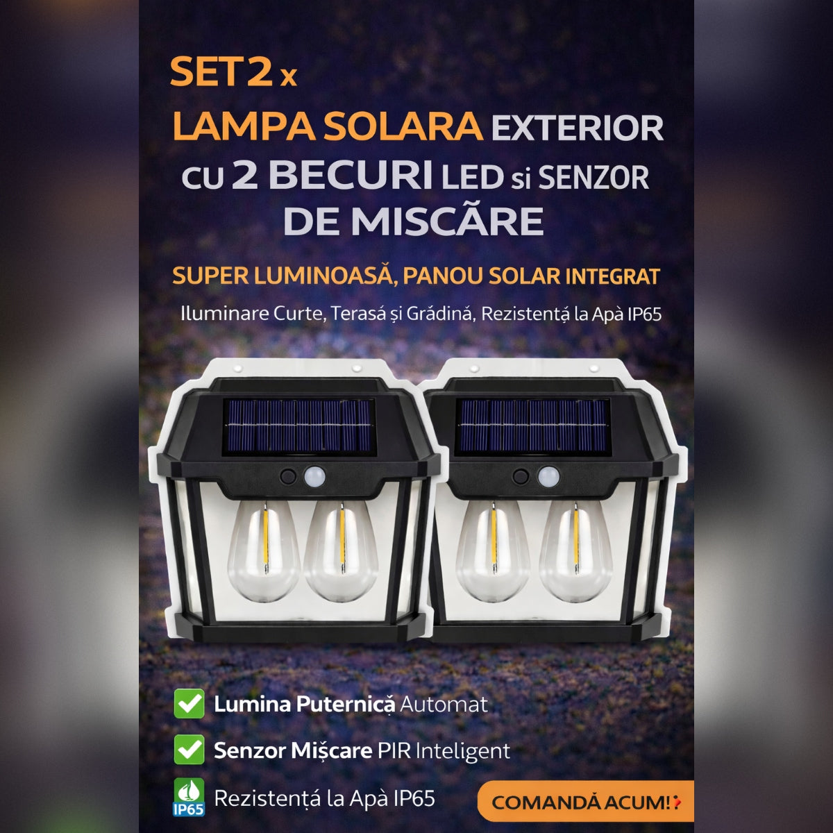 Set 2 x Lampa Solara Exterior cu 2 Becuri LED si Senzor de Miscare - Super Luminoasa, Rezistenta la Apa IP65