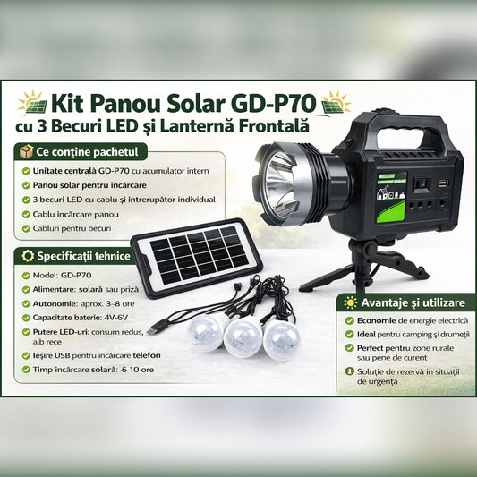 Kit Panou Solar GD-P70 cu 3 Becuri LED, Lanterna și incarcare Telefon