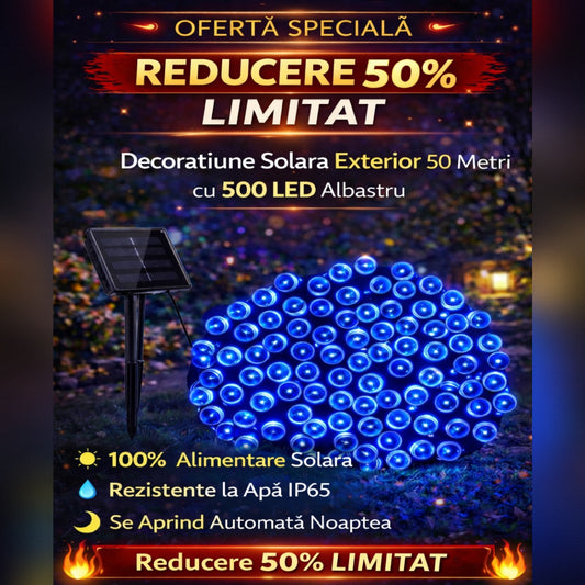 Decoratiune Solara Exterior 50m cu 500 LED Albastru – Ghirlanda Luminoasa pentru Gradina, Terasa, Curte, IP65