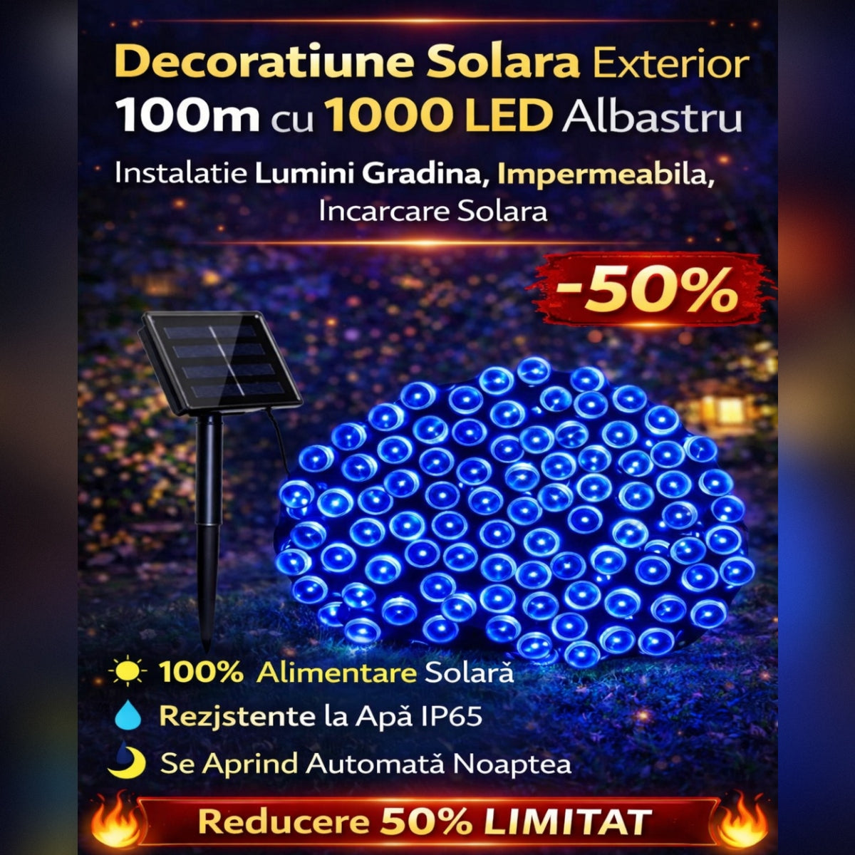 Decoratiune Solara Exterior 100m cu 1000 LED Albastru – Ghirlanda Luminoasa pentru Gradina, Terasa, Curte, IP65
