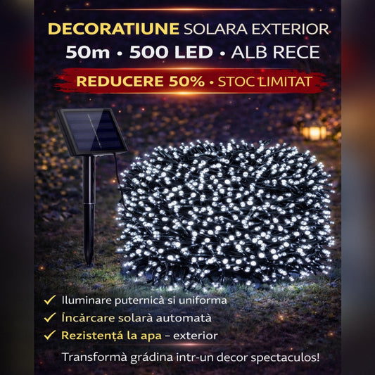 Decoratiune Solara Exterior 50m cu 500 LED Alb Rece – Ghirlanda Luminoasa pentru Gradina, Terasa, Curte, IP65