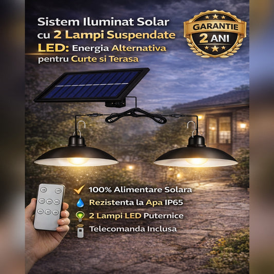 Sistem Iluminat Solar cu 2 Lampi Suspendate LED + Panou Solar si Telecomanda – Iluminare Exterior, Terasa, Foisor, Garaj, 50W