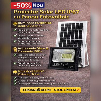 Proiector Solar LED 200W cu Panou Solar Separat – Lampa Exterior Puternica, IP65, Iluminare Curte, Gradina, Parcare