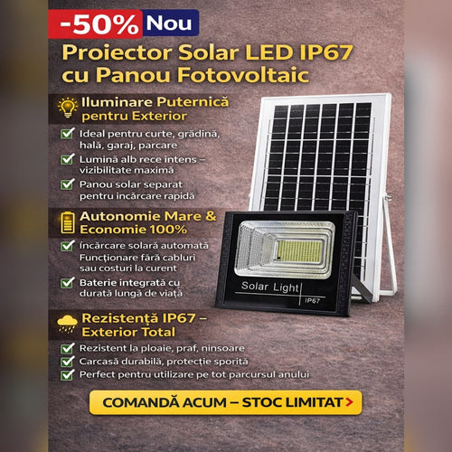 Proiector Solar LED 200W cu Panou Solar Separat – Lampa Exterior Puternica, IP65, Iluminare Curte, Gradina, Parcare