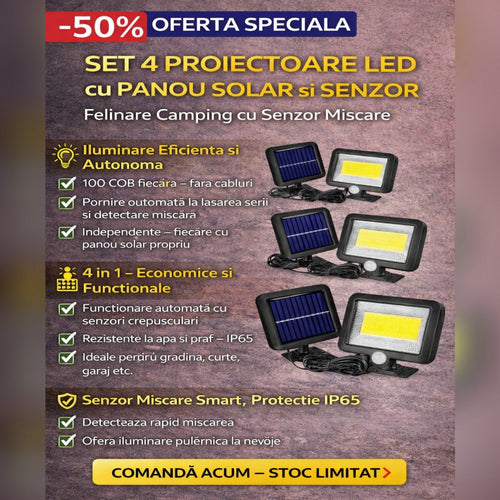 Set 4 x Lampa Solara LED SL-F100 cu Senzor de Miscare – Proiector Exterior cu Panou Solar, Iluminare Curte si Gradina