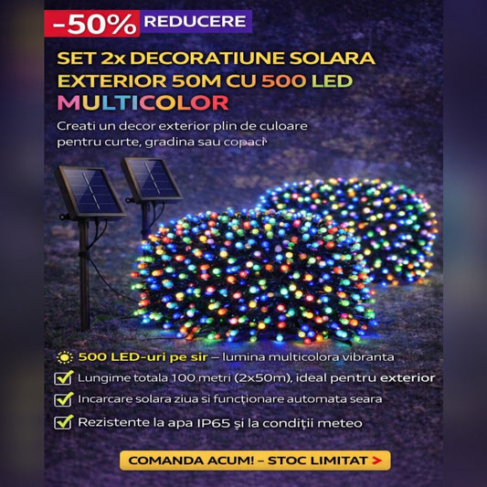 Set 2 x Decoratiune Solara Exterior 50m cu 500 LED Multicolor – Ghirlanda Luminoasa pentru Gradina, Terasa, Curte, IP65
