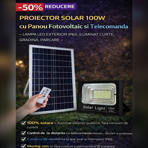 Proiector Solar 100W cu Panou Fotovoltaic si Telecomanda – Lampa LED Exterior IP65, Iluminat Curte, Gradina, Parcare