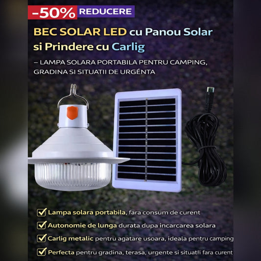 Bec Solar LED cu Panou Solar si Prindere cu Carlig, Lampa Solara Portabila pentru Camping, Gradina si Situatii de Urgenta