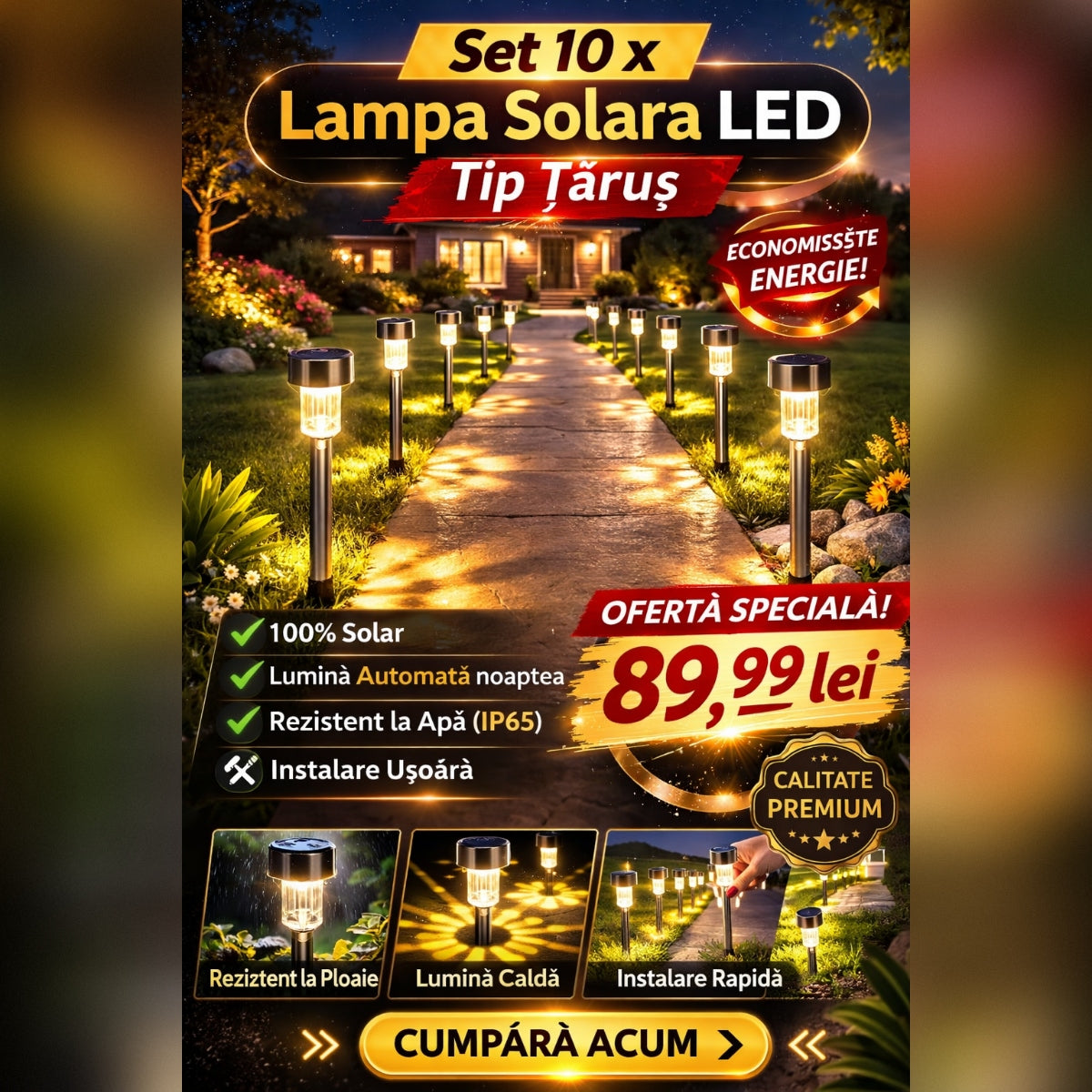Set 10 x Lampa Solara LED Tip Tarus pentru Gradina, Iluminat Exterior, Curte Terasa, Lumina Automata Noaptea, Rezistente la Apa IP65