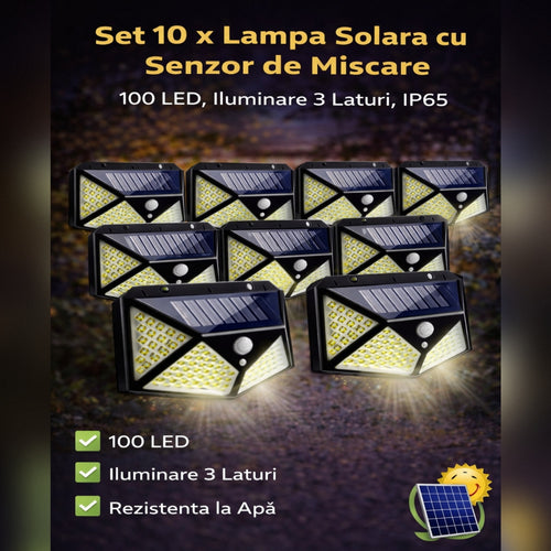 Set 10 x Lampa Solara cu Senzor de Miscare, 100 LED, Iluminare 3 Laturi, IP65 pentru Exterior
