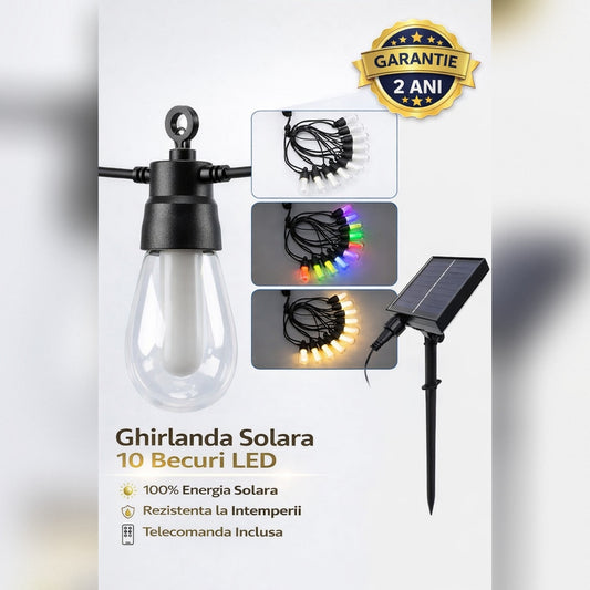 Ghirlanda Solara LED 10 Metri Premium – Iluminare RGB Color si Alb Cald cu Telecomanda pentru Gradina si Terasa