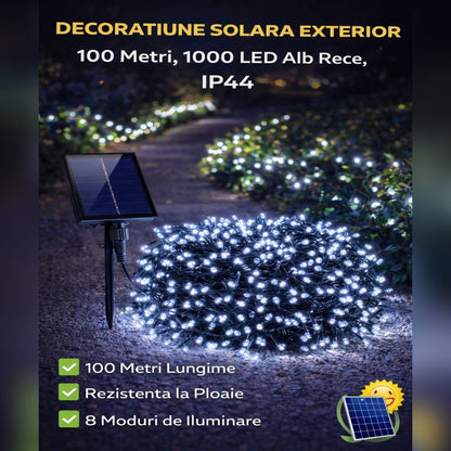 Decoratiune Solara Exterior 100 Metri, 1000 LED Alb Rece, IP44 – Lumini Solare pentru Gradina, Casa si Evenimente