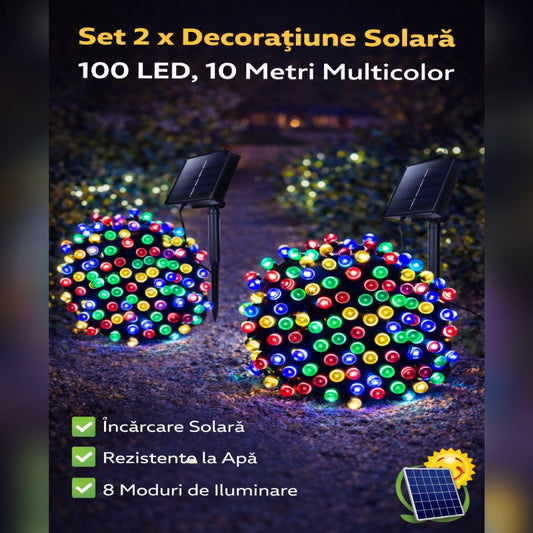 Set 2 x Decoratiune Solara 100 LED, 10 Metri Multicolor – Rezistente la Intemperii, pentru Casa, Curte, Terasa