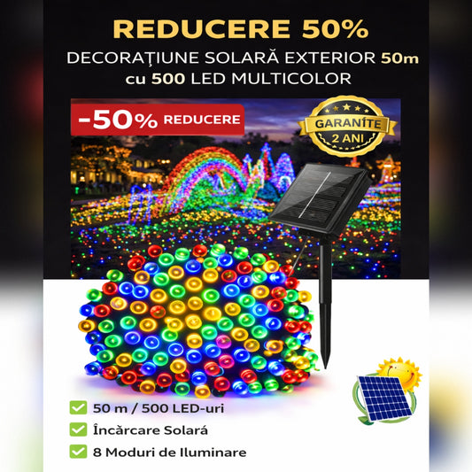 Decoratiune Solara Exterior 50m cu 500 LED Multicolor – Ghirlanda Luminoasa pentru Gradina, Terasa, Curte, IP65