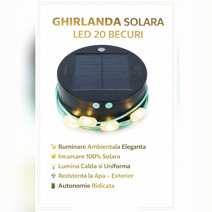 Ghirlanda Solara LED 20 Becuri – Iluminare Exterior cu Panou Solar si Baterie Integrata