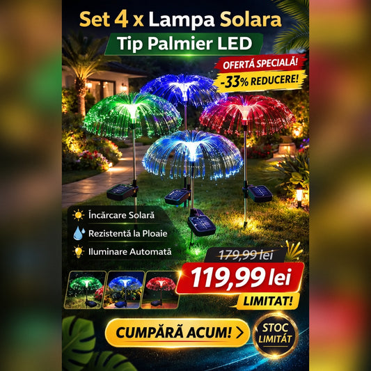 Set 4 x Lampa Solara Decorativa Tip Palmier Multicolor LED pentru Gradina, Iluminat Exterior Curte, Terasa, Alei, Rezistenta la Apa