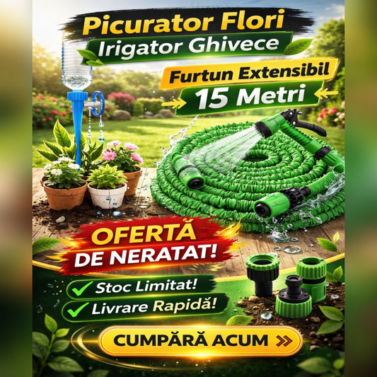Furtun Extensibil 15 Metri cu Picurator pentru Ghivece – Sistem Udare Automata pentru Gradina si Plante