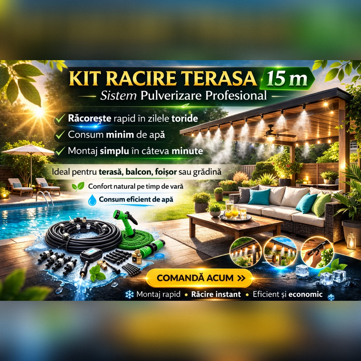 Kit Racire Terasa 15 m cu Sistem Pulverizare – Instalatie Racire Aer pentru Gradina, Balcon si Foișor