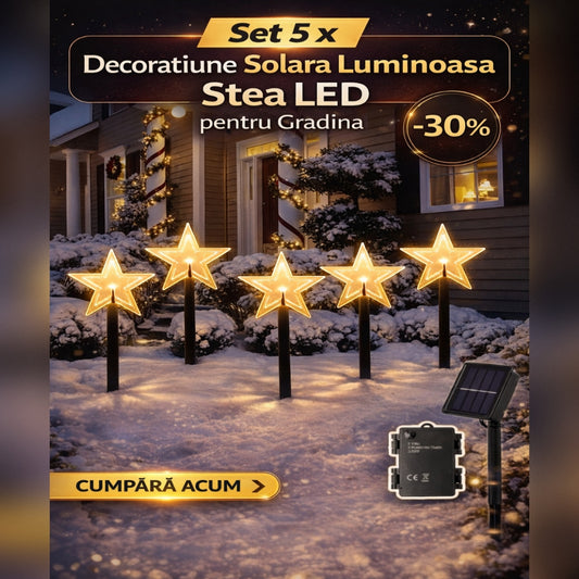 Set 5 x Decoratiune Solara Luminoasa Stea LED pentru Gradina - Iluminat Festiv Exterior Alb Cald