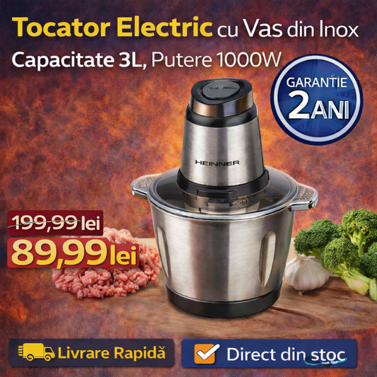 Tocator Electric Inox Multifunctional 3L, 1000W, 4 Lame din Otel Inoxidabil, Robot Bucatarie pentru Carne si Legume