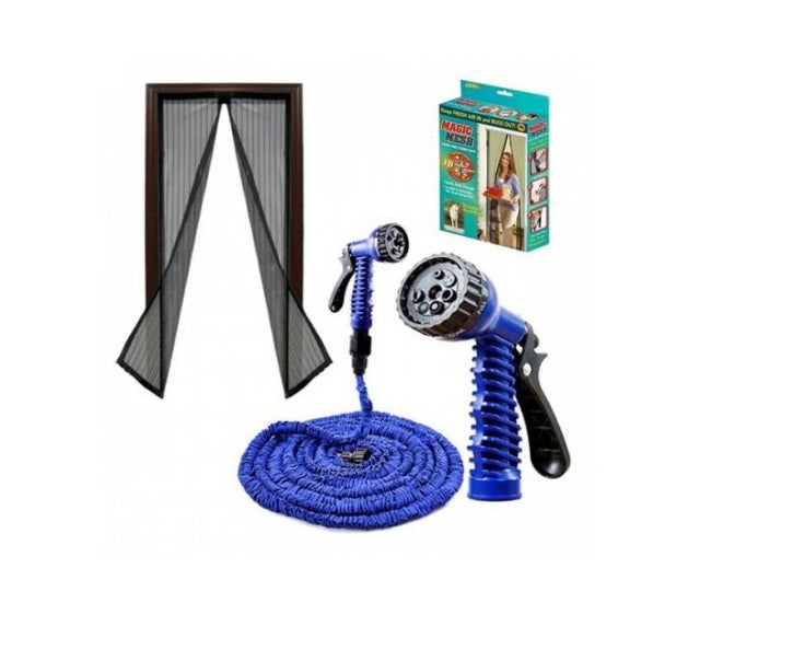 Furtun extensibil de gradina de 30 metri + Accesoriu pentru stropit + Perdea magnetica antiinsecte